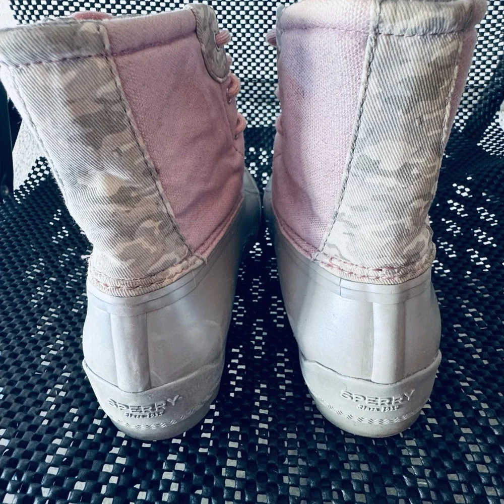 Sperry Big Girl duck boots. Pink and Silver Kids Snow Boots